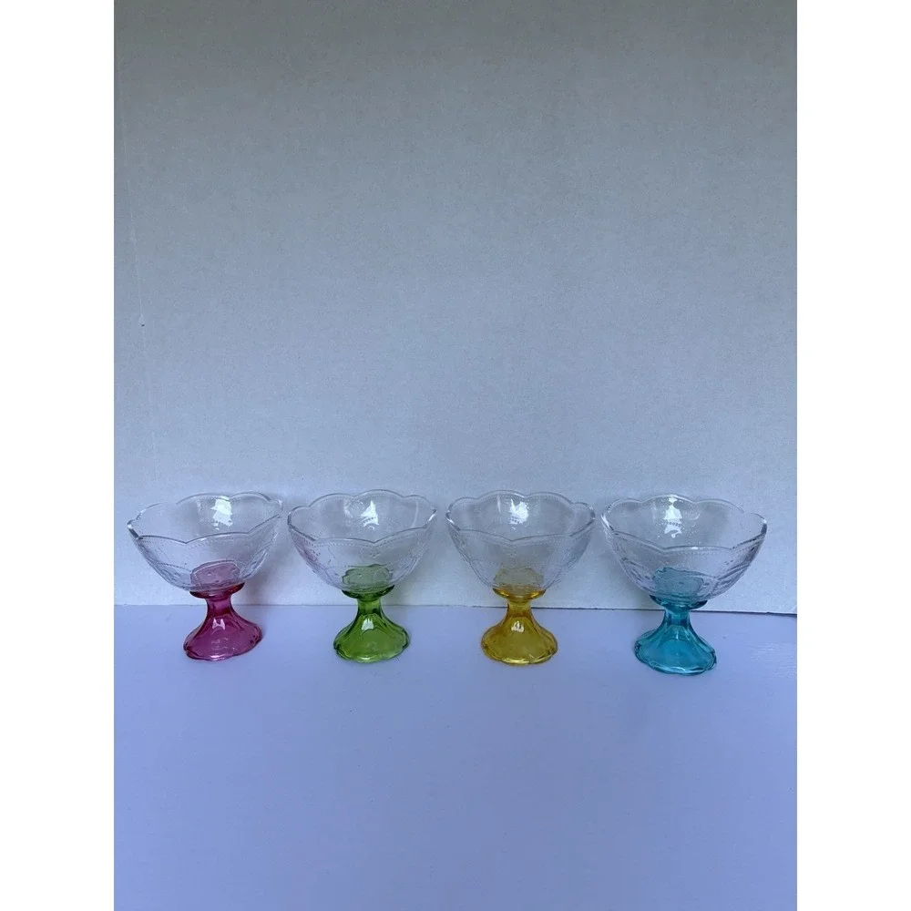 Vintage Indiana Glass Crown Kings Crown Footed Dessert Bowls Set 4 Colored Stems